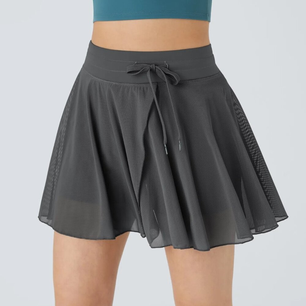 Halara High Waisted Drawstring Mesh 2-in-1 Pocket Flowy Flare Skirt